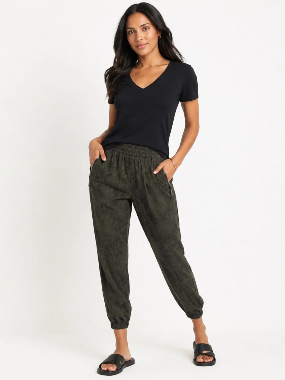 Dear John Green Print Lyocell Pull-On Jogger Pants Slant Zip Pockets Sz Large